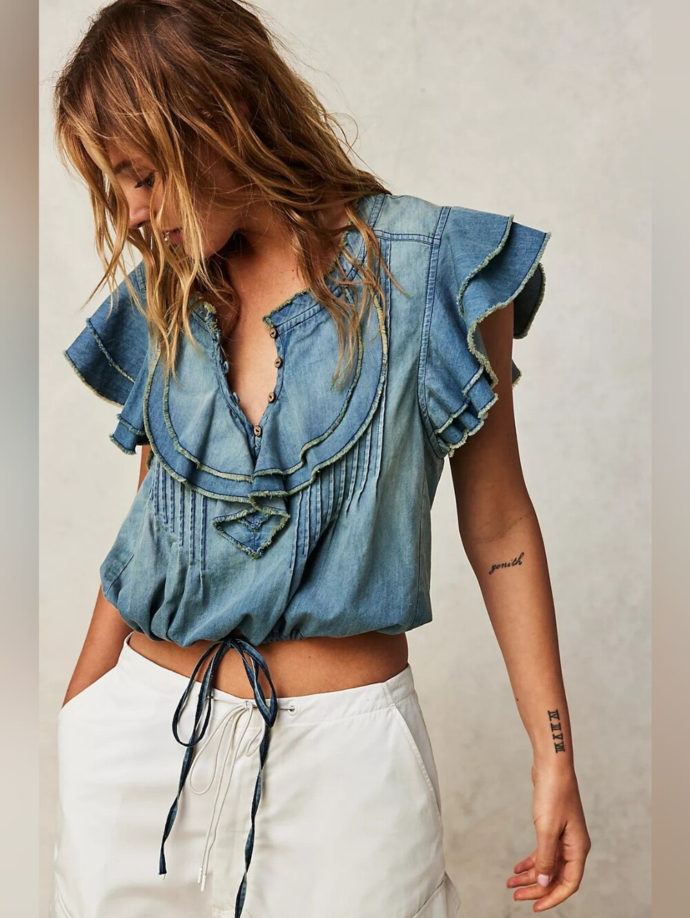 Free People FP One Naya Denim Ruffled Top